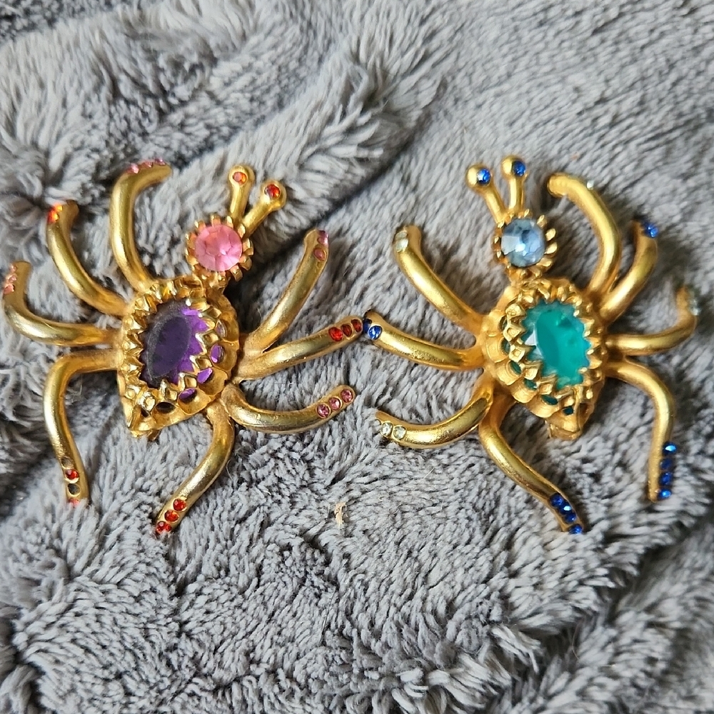 Source Unknown Gold Spider Brooches with Purple, Pink, Green, and Blue Gems